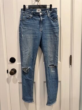 PAIGE Women's Medium Blue Sarah Slim Jeans with Knee Rips